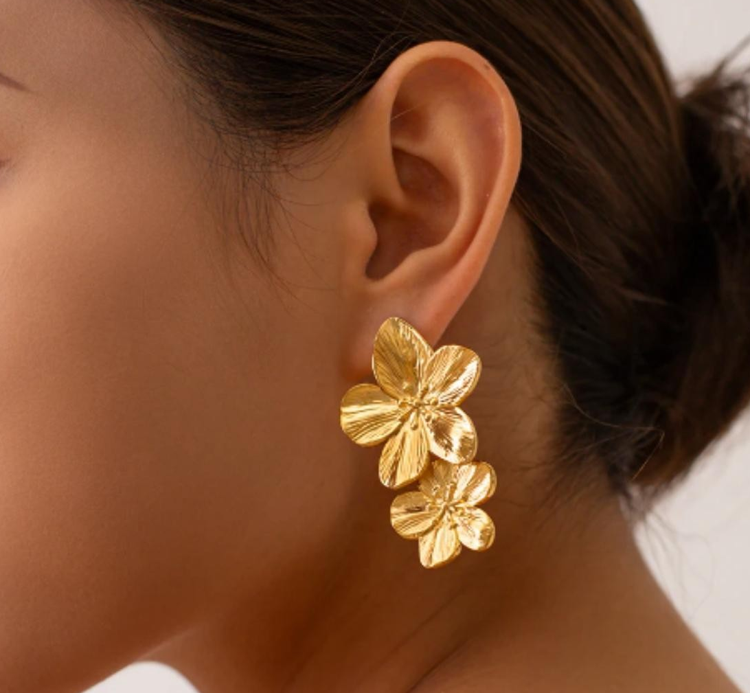 Tarnish Free Vintage Gold Flower Drop Stud Earrings